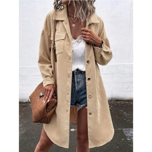 Corduroy Snap Button Flap Pocket Curved Hem Coat Khaki - Picture 5 of 6